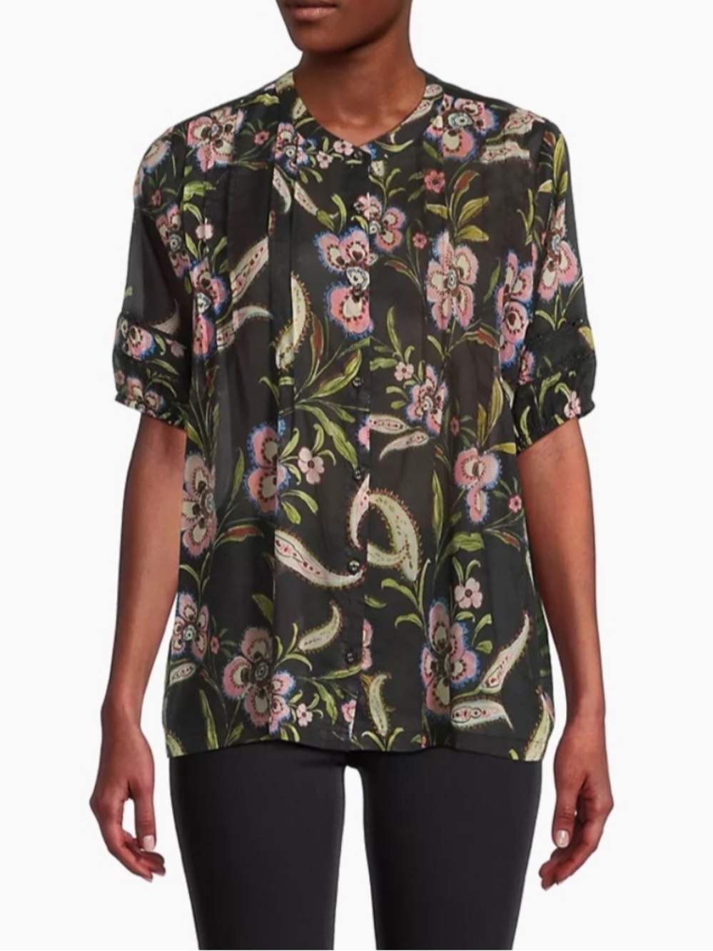 Johnny Was Libby Black Floral Print Cotton Pleated Button Down Blouse - L